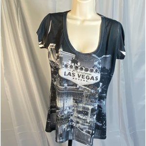 Short Sleeve Top Ladies Fabulous Las Vegas Embellished Black with Las Vegas Pic